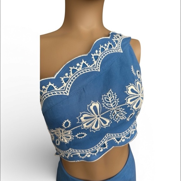 FARM Rio Anthropologie One Shoulder Cut Out Embroidered Linen Jumpsuit Blue M - Picture 3 of 11